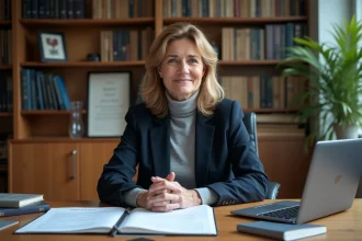 Traductrice juridique professionnelle assise à son bureau avec des documents légaux bilingues allemand-français et un dictionnaire juridique spécialisé