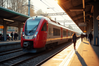 Train français moderne à la gare ensoleillée avec voyageurs