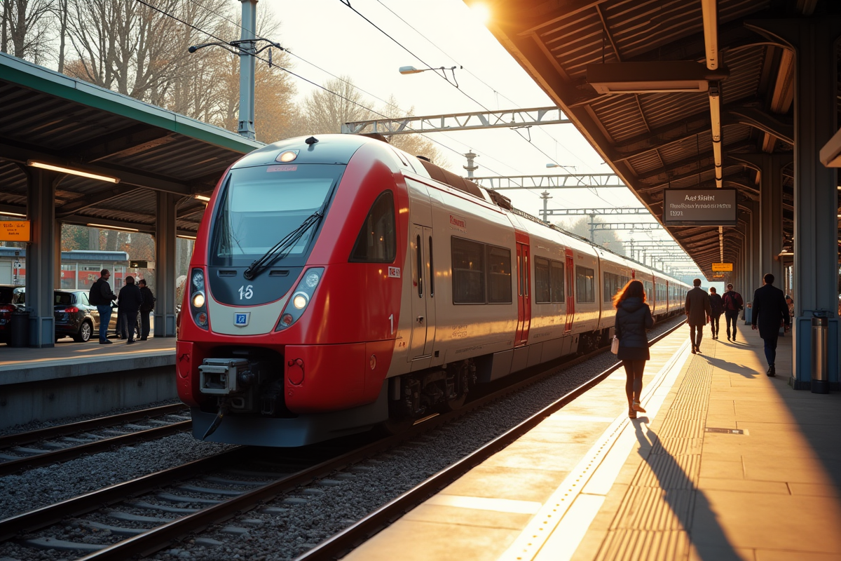Train français moderne à la gare ensoleillée avec voyageurs