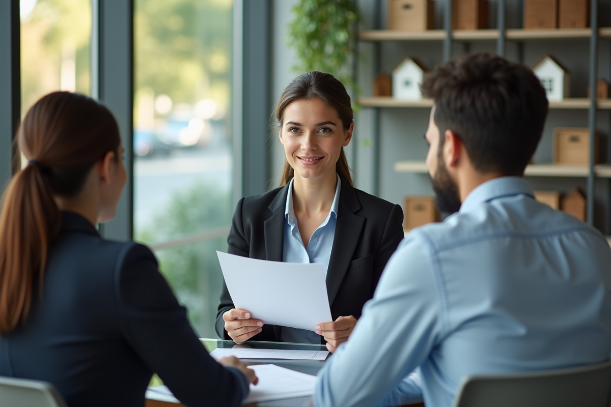 Jeune femme immobiliere discutant avec un couple