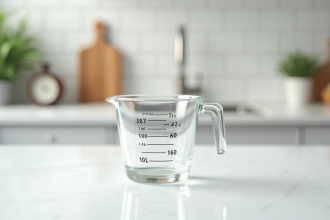 Verre mesureur sur plan de cuisine blanc avec marques ml et cl