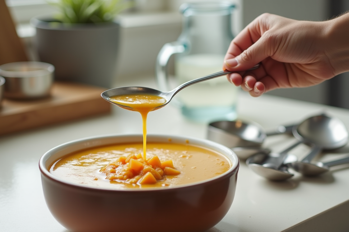 Main versant de la soupe dans une cuillère en argent