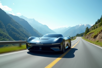 Voiture hydrogene futuriste sur route de montagne ensoleillee