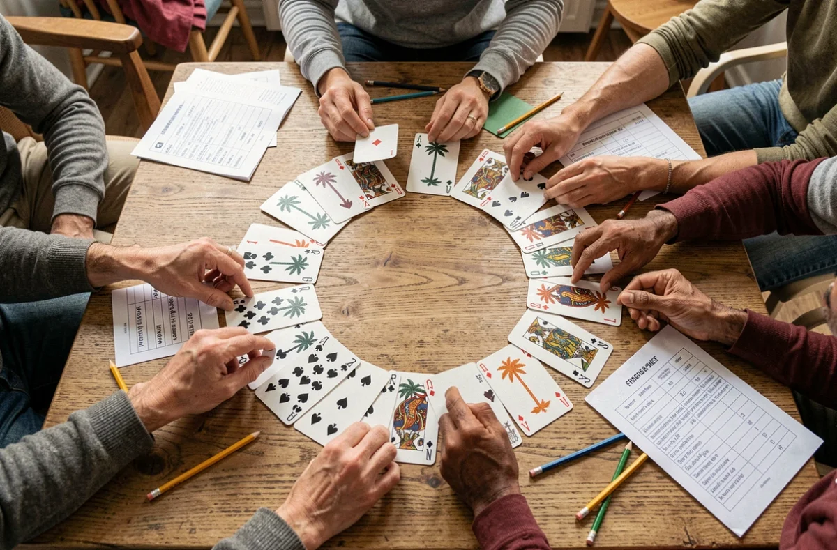 Vue aérienne d'une table de jeu du Palmier avec douze jeux de cartes en éventail et mains des joueurs autour
