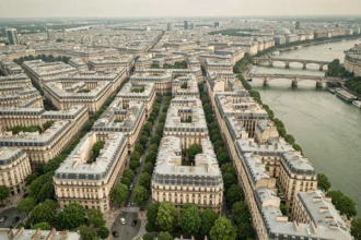 Vue aérienne de Paris montrant la densité urbaine haussmannienne et les espaces verts entre les toits en zinc