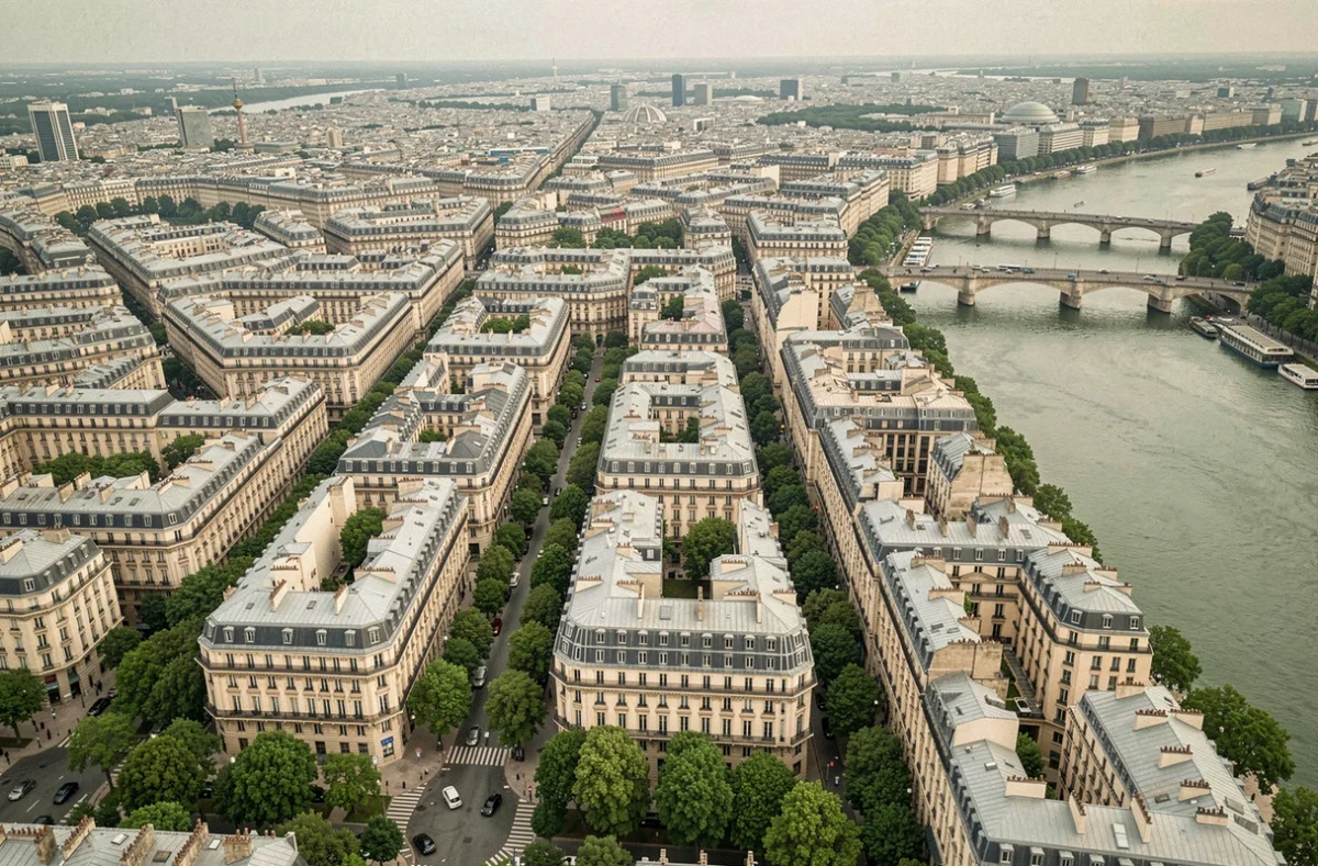 Vue aérienne de Paris montrant la densité urbaine haussmannienne et les espaces verts entre les toits en zinc