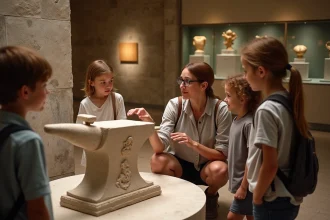 Éducatrice expliquant les attributs de Vulcain dieu romain à des enfants dans un musée